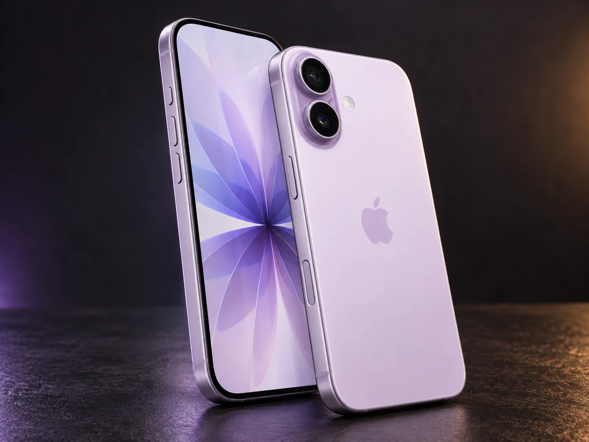 Lavendelfarbenes iPhone 17 von vorn und hinten, dunkle Studioaufnahme