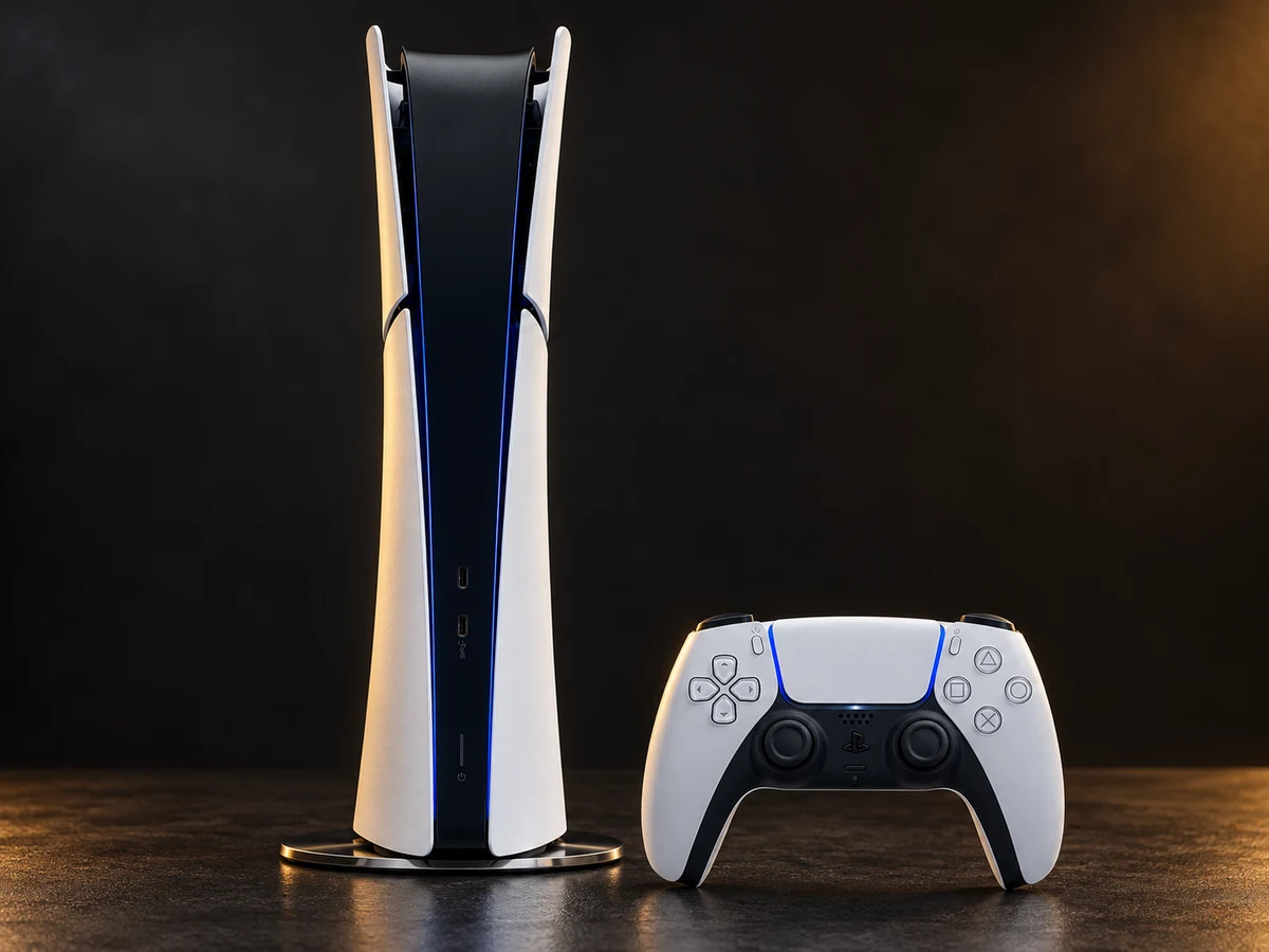 PS5 Slim Digital Edition mit einem DualSense-Controller, dunkle Studioaufnahme
