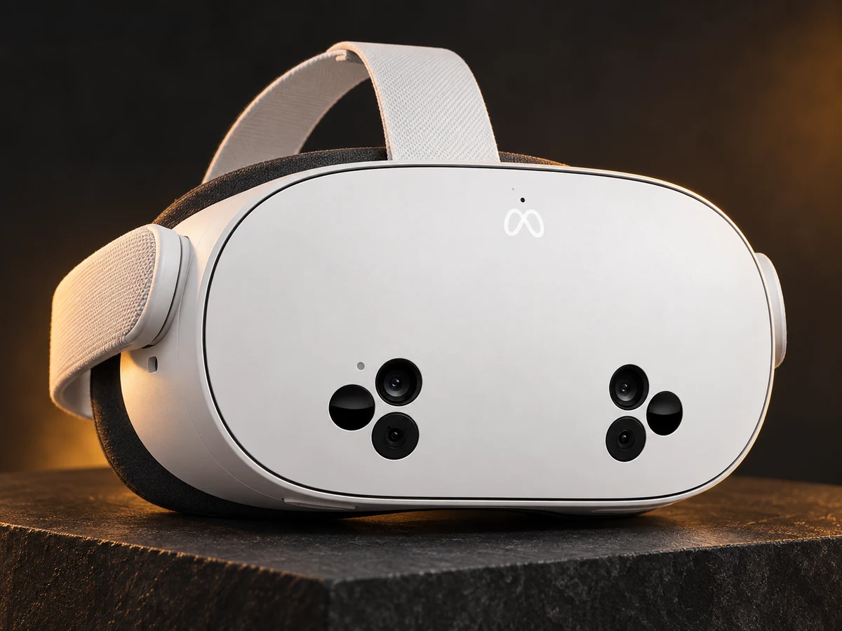 Weißes Meta Quest 3S-Headset auf dunklem Steinsockel