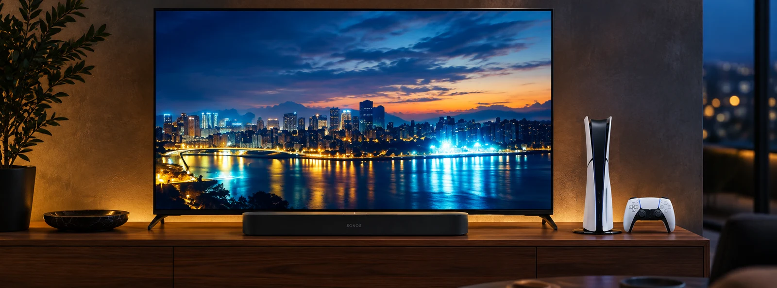 Heimkino-Beispiel mit Sony BRAVIA 8 II, Sonos Beam, PS5 Digital und einem DualSense-Controller