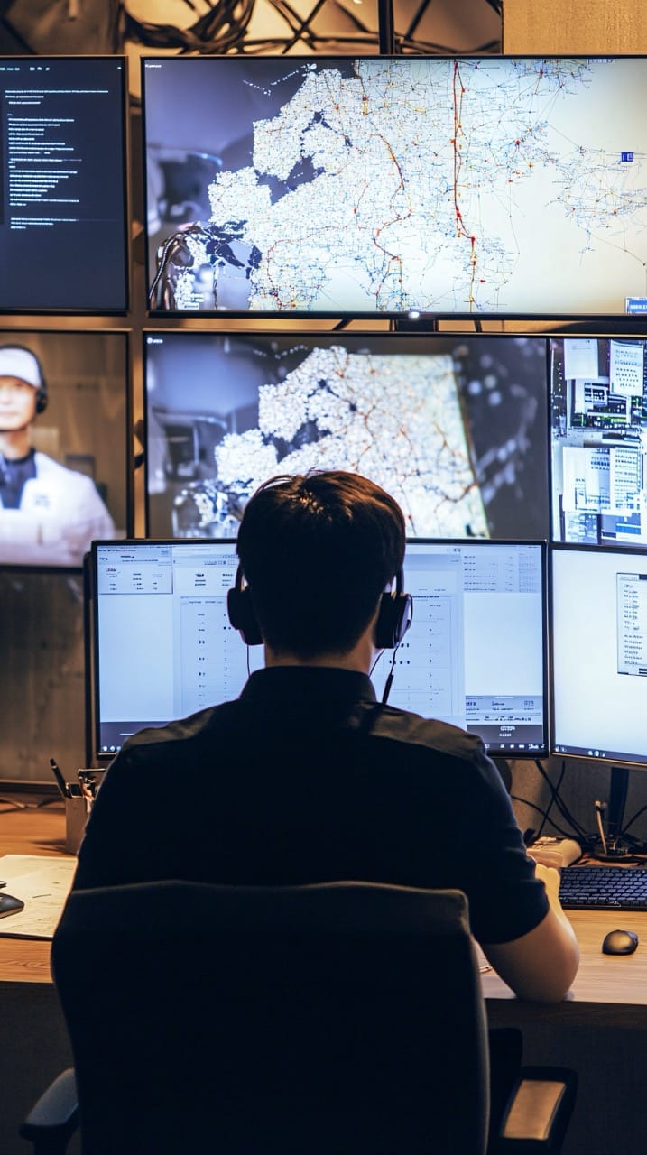 A customs broker discussing logistics with a client over a video call, with maps and charts on the wall